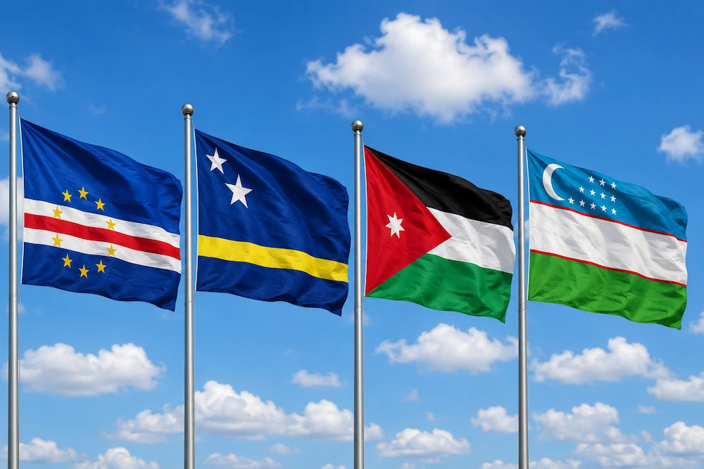 Vlaggen van Kaapverdië, Curaçao, Jordanië en Oezbekistan