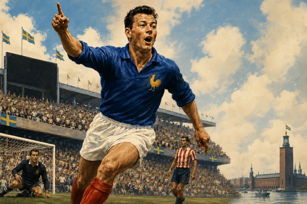 Illustratie van Just Fontaine en zijn WK in Zweden in 1958