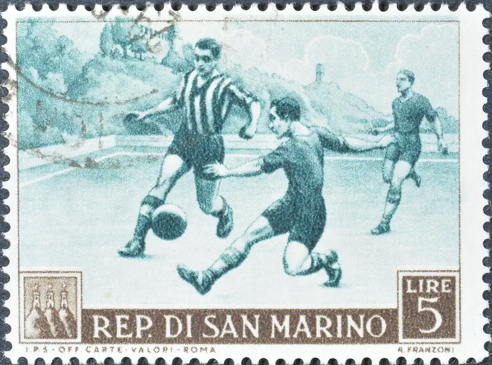 Postzegel uit San Marino met voetballers van rond 1953
